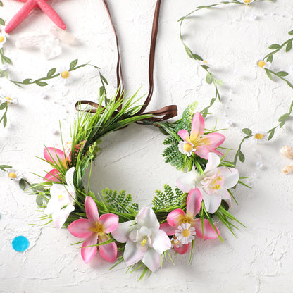 KorViSHOW Hawaiian Flower Crown Headbands, Pink Tropical Floral Headpiec, Artificial Hawaii Orchid Floral Headband with Daisy Vine for Women Summer Beach Hula Dress Up Accessory Party Favor Supplies