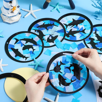 Tinlade 24 Set Summer Shark Crafts Under The Sea Shark Tissue Paper Suncatcher Craft Kit DIY Beach Ocean Animal Hanging Ornaments Make Your Own Window Decor Summer Classroom Party Decoration Supplies