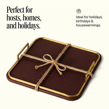 Preston Lane Mayfair Decorative Tray – Vegan Leather with Woven Texture, Brushed Brass Handles – Serving, Dresser & Coffee Table Tray, Espresso 12.8 x 12.8 x 1
