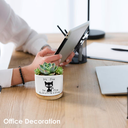 ROXMART Funny Office Black Cat Plant Pots, Cat Lover Gifts Succulent Planters, It's Fine Everything is Fine Sarcastic Ceramic Plant Flower Pots for Home Office Desk Table Shelf(No Plants)