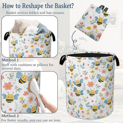 Cute Bee Laundry Basket, Foldable Oxford Cloth Pink Flowers Laundry Hamper