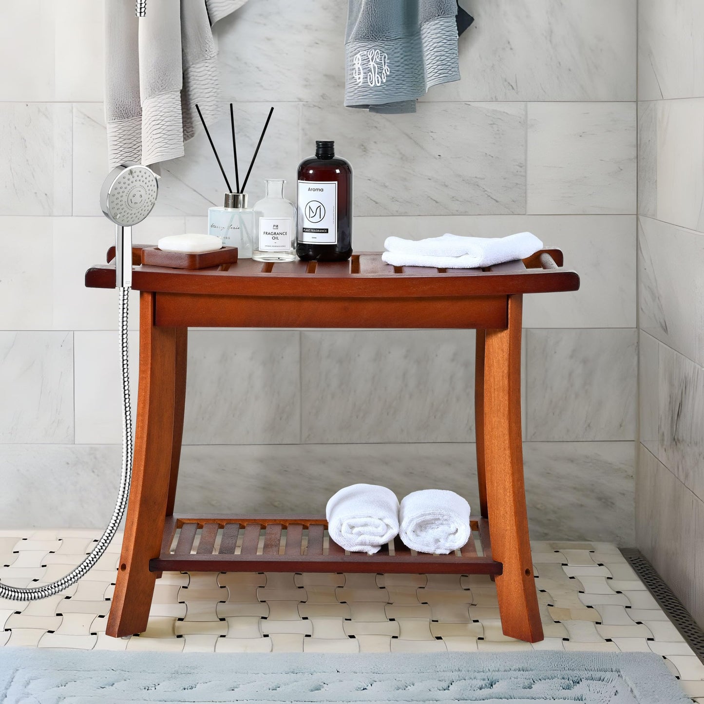 Jekruiet Teak Shower Chair Stool, 24" Shower Bench Seat, Wooden Bathroom Bench with Storage Shelf for Indoor & Outdoor Use