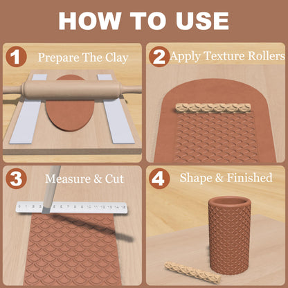 Maiguinzaa Clay Texture Rollers | 10-Pack Plastic Polymer Clay Tools | 5" Length x 0.65" Diameter | Non-Stick Easy Clean Surface for Pottery, Sculpting, DIY Art