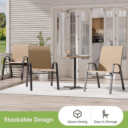 Patio Chairs Set of 2, Outdoor Dining Chairs Stackable for All Weather, Breathable Metal Modern Outside Furniture Chair for Pool Side, Garden, Backyard Deck, Brown