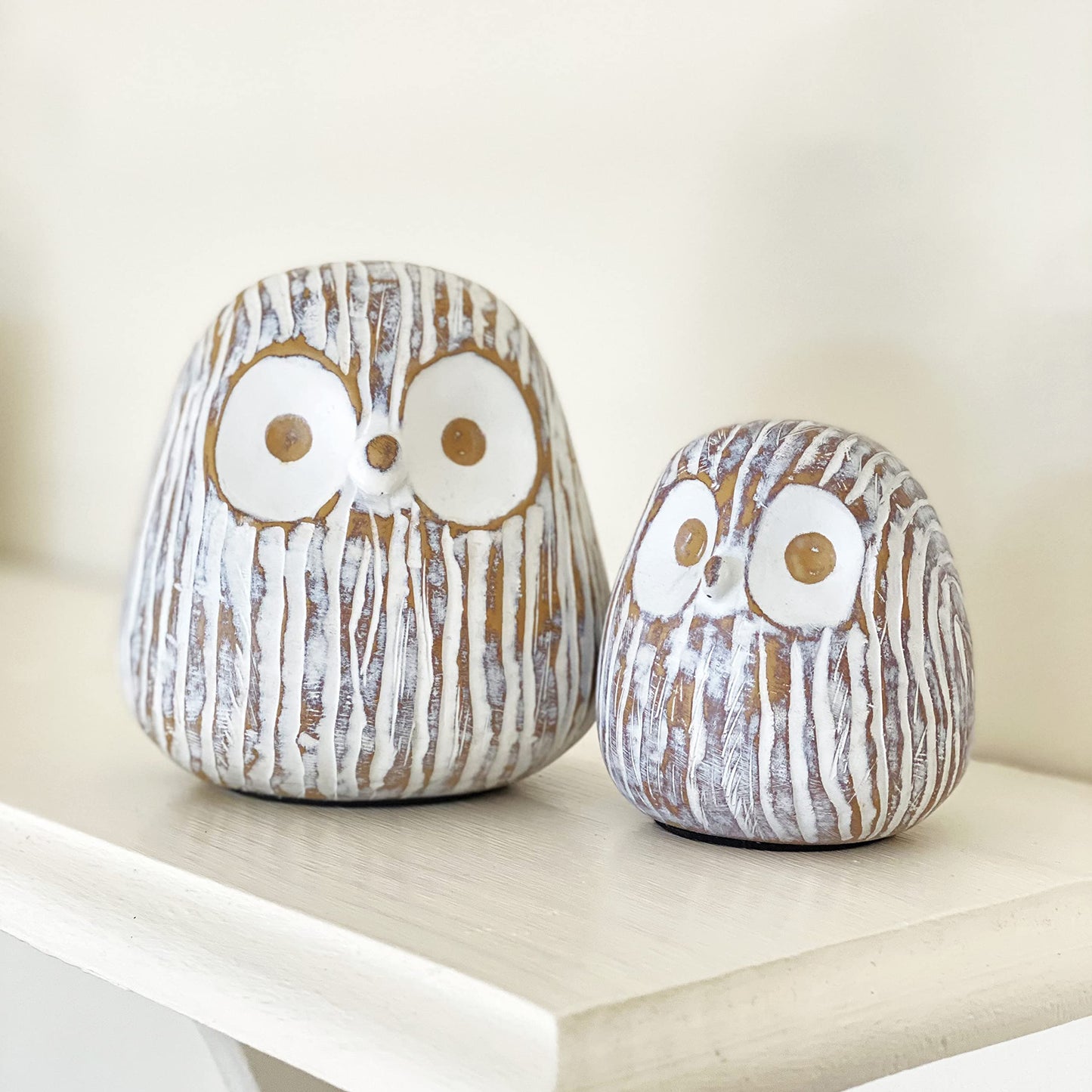 Huey House Chubby Night Owl Decor Statue Sculpture, Bookshelf Decor Accents, Boxed Set of 2, Rustic Brown & White, 3⅛ & 4⅓ Inch Decorative Resin Figurines