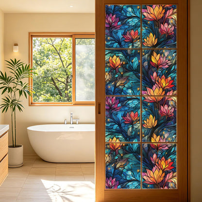 LaCheery 17.5"x157.5" Privacy Window Film Stained Glass Decorative Window Film for Glass Blue Floral Cling Privacy Films Renter Friendly Removable Windows Stickers for Bathroom No Glue Vinyl Anti UV