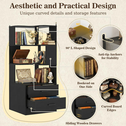 Armocity Corner Bookshelf with Drawers, 6 Tier Corner Book Shelf Display Bookcase, Freestanding L Shaped Bookshelf for Bedroom, Living Room, Home Office, Black