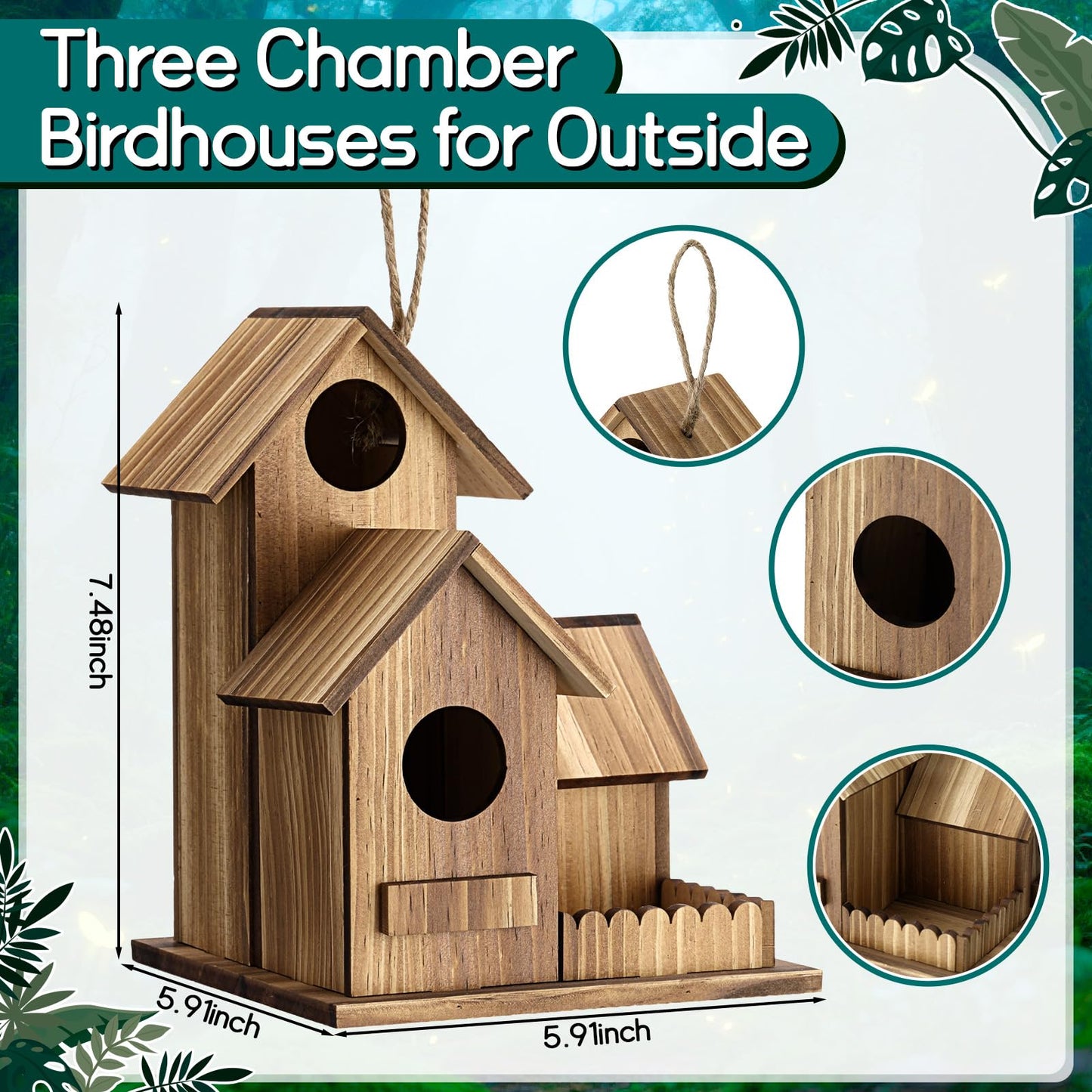 AceOrbit 2 Pcs Bird Houses for Outside 3 Hole Wooden Bird House 7.48 x 5.91 x 5.91 Garden Backyard Decor Weather Resistant Birds Shelter Rustic Outdoor Hanging Birdhouse for Bluebird Finche Cardinal