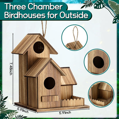 AceOrbit 2 Pcs Bird Houses for Outside 3 Hole Wooden Bird House 7.48 x 5.91 x 5.91 Garden Backyard Decor Weather Resistant Birds Shelter Rustic Outdoor Hanging Birdhouse for Bluebird Finche Cardinal