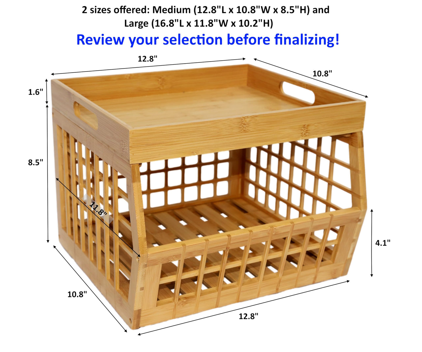 altCooking Hub Bamboo Stackable, Open Front, Medium Storage Bins with Serving Tray Lid