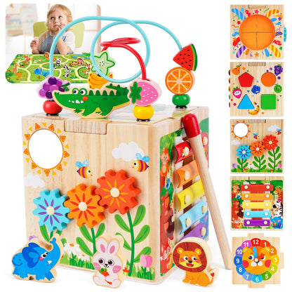 KMTJT Wooden Activity Cube Toddler Toys 12-18 Months, 7-in-1 Montessori Learning Toys for 1 2 Year Old Boys Girls, Bead Maze Sensory Toy, First 1st Birthday Gifts with Sorting & Stacking Board (Pink)
