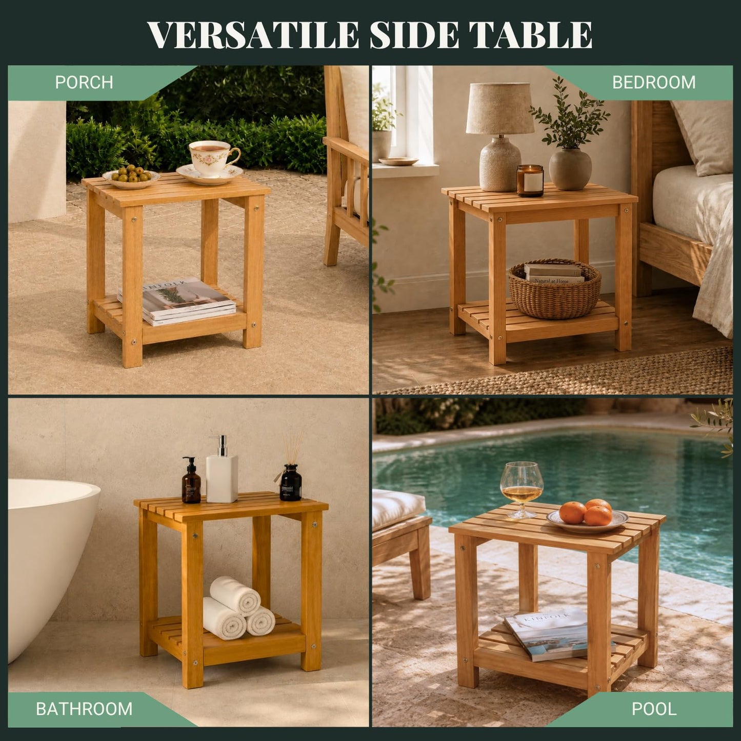 Eucaland Premium 2-Tier Eucalyptus Wood Side Table with Slatted Storage Shelf, 13" x 16" x 17.5", Wooden Accent Table for Living Room, Entryway or Bedside (Golden)