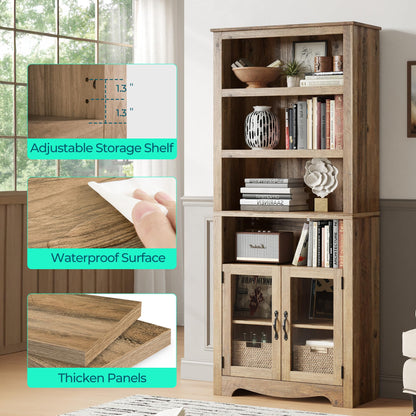 LINSY Bookshelf with Doors, 6 Shelf Bookcase Tall Bookshelves, 73" Farmhouse Book Shelf with Storage Cabinet, Wood Book Shelves for Living Room, Bedroom, Office, Rustic Brown