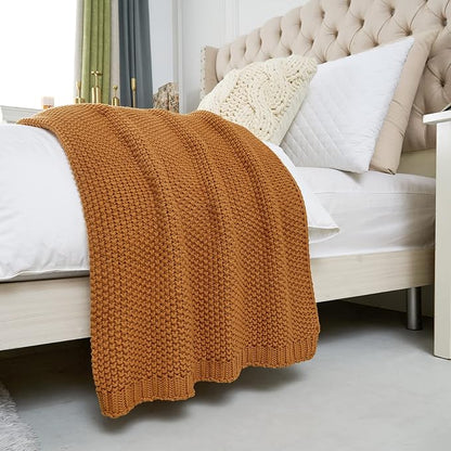 Chunky Cable Knit Throw Blanket Lightweight Burnt Orange 100% Organic Cotton Blanket for Sofa Couch Bed Baby Nursery, Rustic Shabby Chic Modern Farmhouse, 60” x 80” Give Laundering Bag