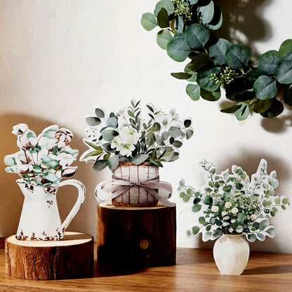 BrightRow 3 Pcs Eucalyptus Table Decor Retro Sage Green Centerpiece for Tiered Tray Floral Block Tabletop Signs for Home Plaque Housewarming Gift