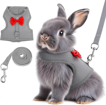 Rabbit Harness and Leash Set,Bunny Leash for Walking Escape Proof,Bunny Clothes with Cute Bow Mesh Breathable Adjustable Vest Rabbit Harness Camping Hiking Training for Ferret Kitten Puppy (Grey M)