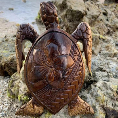 5.9" Hand Carved Wood Sea Turtle Figurine - Small Hawaiian Honu Statue with Traditional Island Motifs - Artisan Tropical Decor for Desk, Shelf, Home & Office - Meaningful Collectible Gift (Hibiscus)