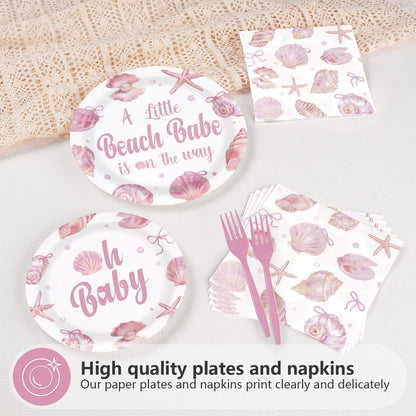 Greencian 96Pcs Under The Sea Party Supplies A Little Beach Babe Is On The Way Plates and Napkins Starfish Seashell Tableware Set for Girls Kids Under the Sea Baby Shower Party Decorations Serves 24