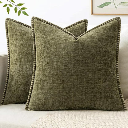MIULEE Pack of 2 Couch Throw Pillow Covers 16x16 Inch Olive Green Farmhouse Decorative Pillow Covers with Stitched Edge Soft Chenille Solid Dyed Pillow Covers for Sofa Bed Living Room