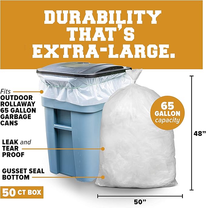 Plasticplace 65 gallon Trash Bags │ 1.5 Mil │ Clear Heavy Duty Garbage Can