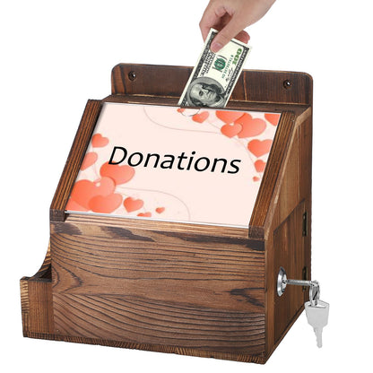 BTSKY Wood Suggestion Box With Lock Wall Mounted Donation Box with 5"x7" Acrylic Sign Slot Office Ballot Boxes with Side-Pocket Collection Boxes for Voting Locking Mailbox Suggestion Comment Box, Wood