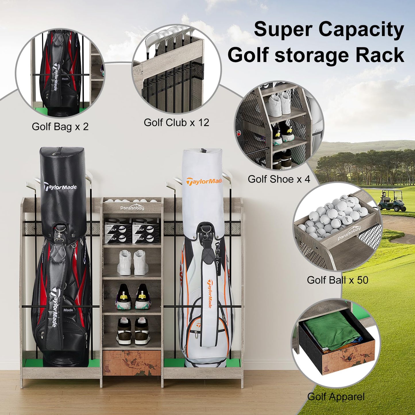 Ponsonbay Golf Bag Storage Organizer for Garage, Premium Wooden 2 Golf Bags Rack with Drawer, Easy Assemble Golf Club Stand/Holder Suitable for Garage Home Simulator and Office