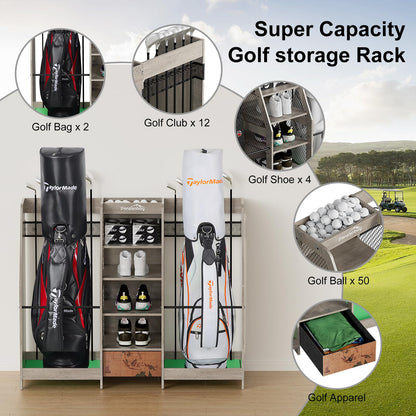 Ponsonbay Golf Bag Storage Organizer for Garage, Premium Wooden 2 Golf Bags Rack with Drawer, Easy Assemble Golf Club Stand/Holder Suitable for Garage Home Simulator and Office