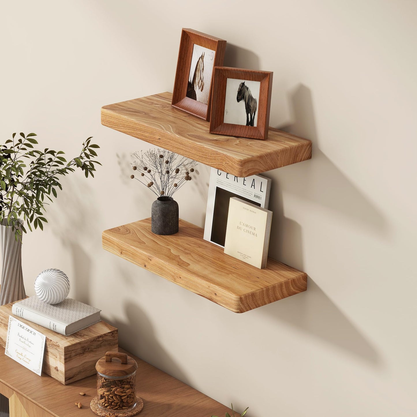 Fun Memories 18 Inch Floating Shelves for Wall, Solid Elm Wood Wall Shelf for Home Decor, Rustic Wooden Bathroom Shelves Set of 2, Heavy-Duty Hardwood Floating Shelf for Bedroom, Kitchen, Living Room