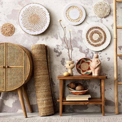 Oqqlin 7 Pcs Boho Wall Basket Decor, Handmade Seagrass Rattan Wicker Wall Decor Flat Round Rustic Woven Hanging Art for Bedroom, Kitchen, Living Room, Office Decorations