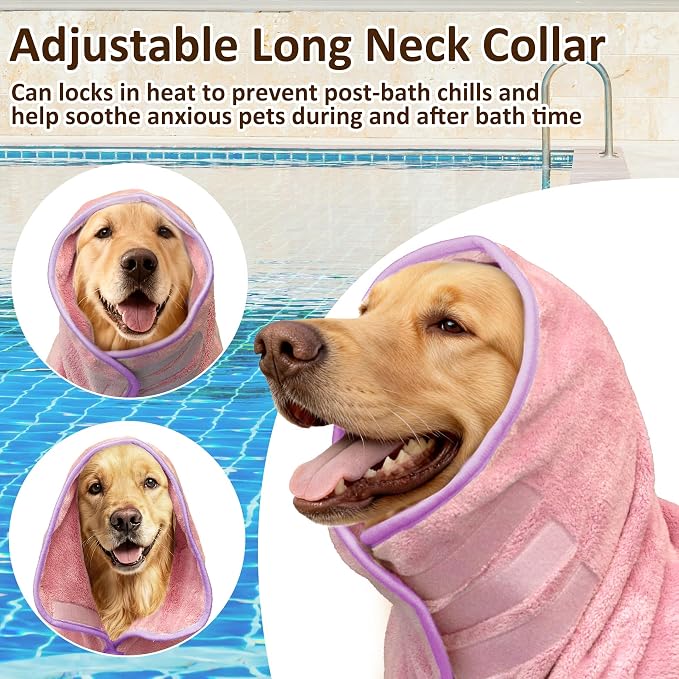 Soft Dog Bathrobe Fast Drying Dog Coat, Super Absorbent Dog Towels for After Bath, Microfiber Pet Robe Adjustable Collar & Belly Warm Keeping Dogs Coat for Pet Dogs & Cats (Pink, Small)