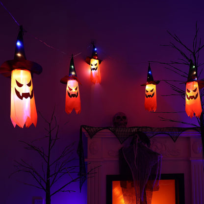 HOMEHIGH Halloween Outdoor Decor Hanging Lighted Glowing Ghost Witch Hat,5 Pack Lights Ghost Halloween Decor Light,Led String Lights Waterproof Battery Box, Indoor Outside Home Porch Yard Tree Garden