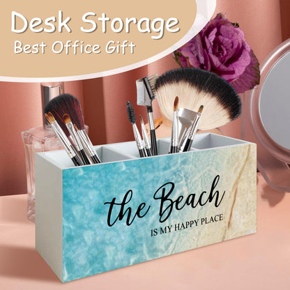 YTRGI Beach Gifts for Women Men, The Beach Is My Happy Place Pen Holder for Home Office Kitchen Desk Decor, Beach Wooden Pencil Holder Sign Organizer for Home Office Desk Accessories,