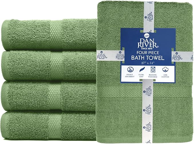 DAN RIVER Bath Towels Set of 4, 27 x 54 Inches, 100% Cotton, Larger & Lighter