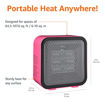 Amazon Basics Ceramic Space Heater, Portable Mini Heater for Office Desk, Indoor Use, 500W, With Tip-Over Protection, Lightweight 1.4 lbs, Pink, 5.9 x 3.2 x 6 inches