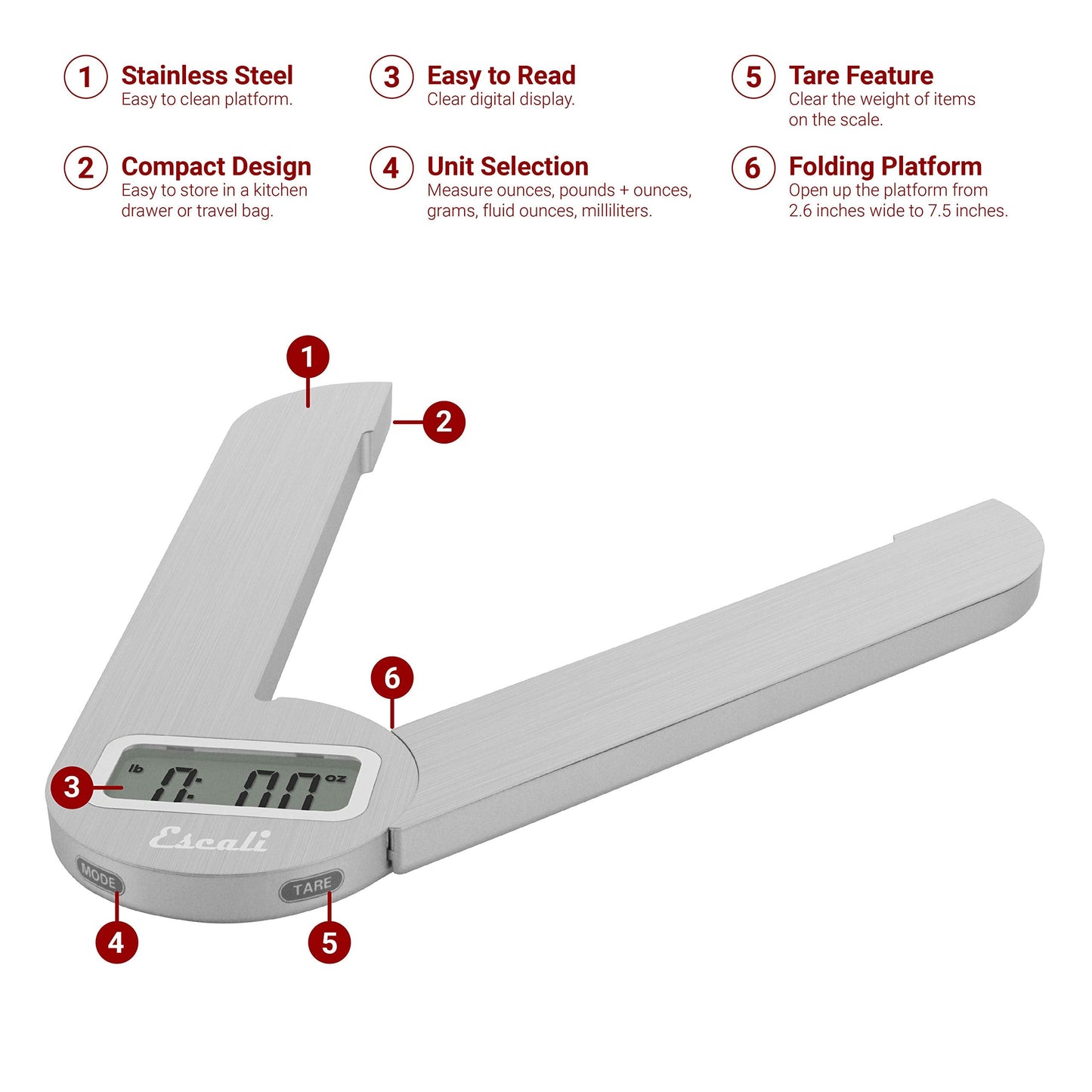 Escali F115 Compact Kitchen Scale, 11 lb/5 kg, Stainless Steel