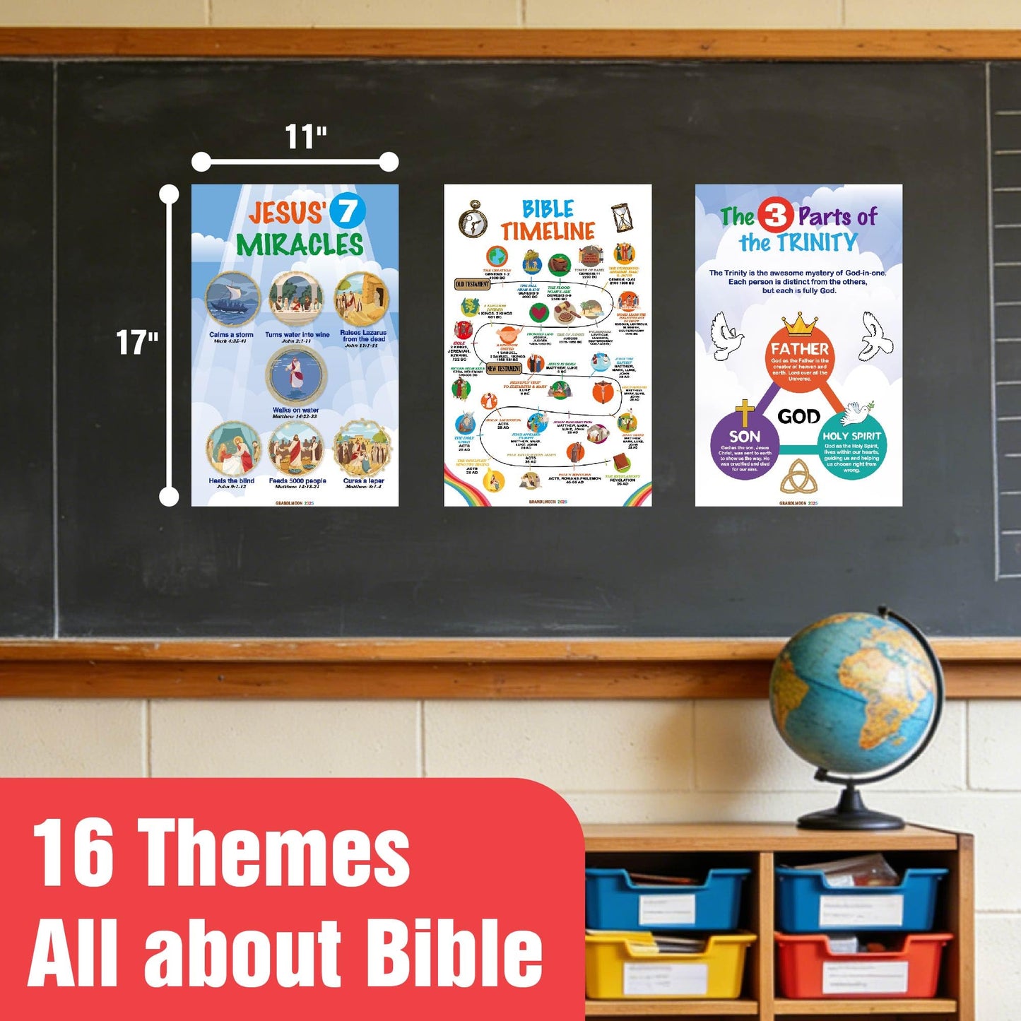 EDUMAETRIX Bible Educational Wall Posters Set, 16 Religious Posters 11x17 inches with 1 Large Story Map 22x34 inches, Christian Religious Poster for Sunday School Church Decoration Flat Packaging
