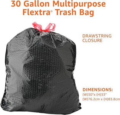 Amazon Basics Flextra Multipurpose Drawstring Trash Bags, 30 Gallon