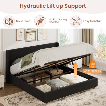 GarveeHome King Size Lift Up Storage Bed Frame, Corduroy Upholstered Platform Bed with Gas Lift, Padded Headboard, Wooden Slat Support, No Box Spring Needed, Black