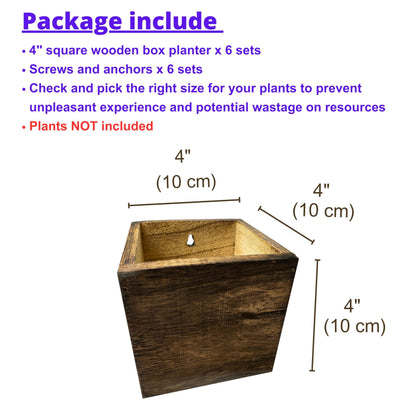 LaLaGreen Wood Planter Boxes for Indoor Plants (4x4 Inch, 6 Pack) Small Square Wall Mounted Planters Flower Pot, Herb Wooden Box Hanging Plant Holder Outdoor Balcony Vertical Garden Modern Home Decor