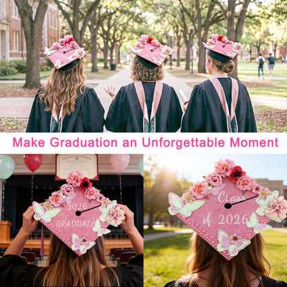 Graduation Cap Decorations Kit,Pink & Black Glitter Cardboard Stickers Faux Assorted Flowers 3D Butterfly Pearl Rhinestones Alphabet Number Decals for DIY Hat Grad Cap Topper Graduation Decor Supplies
