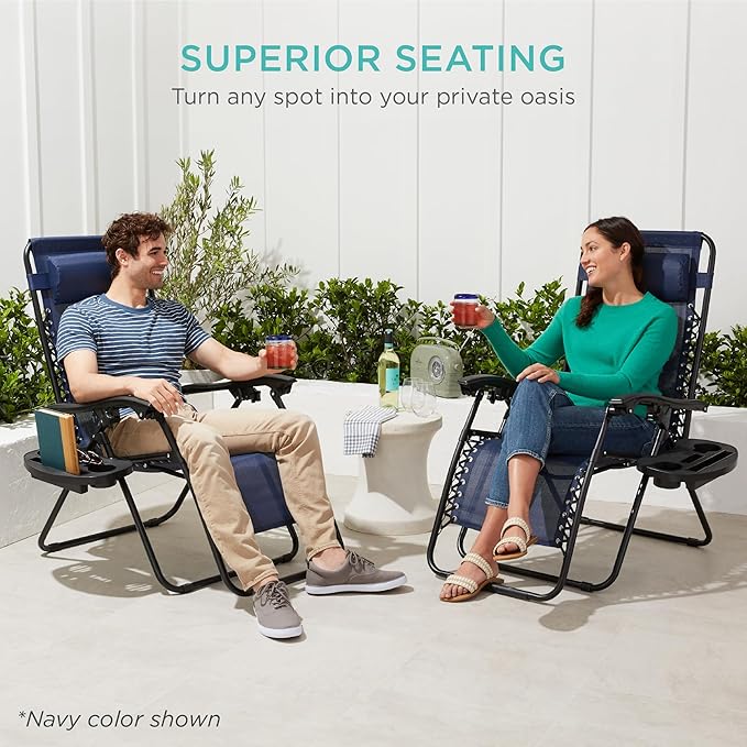 Best Choice Products Set of 2 Adjustable Steel Mesh Zero Gravity Lounge Chair Recliners w/Pillows and Cup Holder Trays - Sunflower Yellow