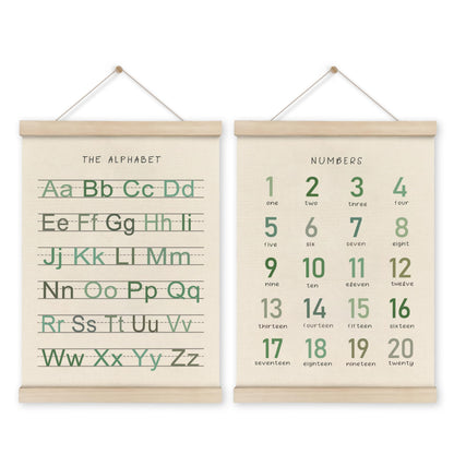 HRQKO Alphabet Numbers Poster Hanger Frame Set of 2, Nursery Wall Decor, Boho ABC Poster Wall Art with Wooden Frames, Sage Green Alphabet Banner Wall Hanging Decor for Toddler Playroom, 12x16 Inch