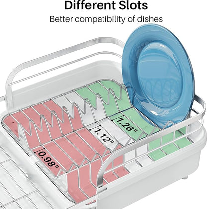 SNTD Dish Drying Rack, Expandable Dish Rack for Kitchen Counter, Stainless Steel Dish Drainer with Drainboard Set and Utensil Holder (White)