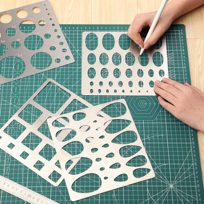 4 Pcs Metal Geometric Stencils Set Circle Ellipse Square Teardrop Templates for Drafting Round Stencil Jewelry Making Art Oval Tool Metric Ruler for Office and DIY Bracelets Earrings Craft