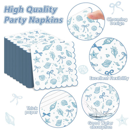 96pcs Scalloped Coastal Party Supplies Tropical Blue Bow Starfish Seashell Plates and Napkins Tableware Set Ocean Theme Party Decorations for Summer Beach Wedding Birthday Bachelorette for 24 Guests