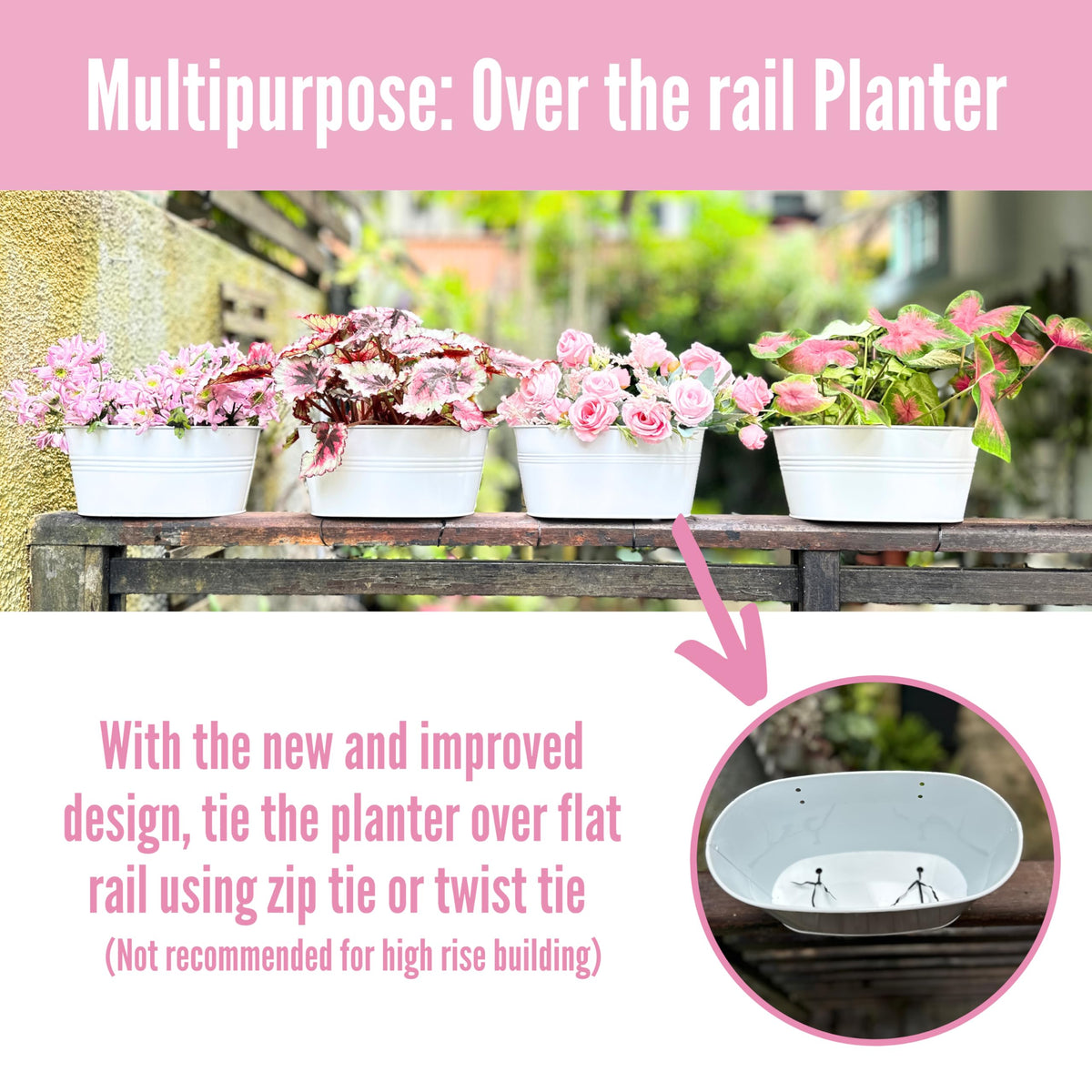 LaLaGreen 11.8 Inch Rail Planter (8-PIECE Combo Set) White Metal Railing Fence Hanging Planters for Outdoor Plants, Modern Balcony Gardening for Apartment Garden Style Iron Patio Flower Pots Deck