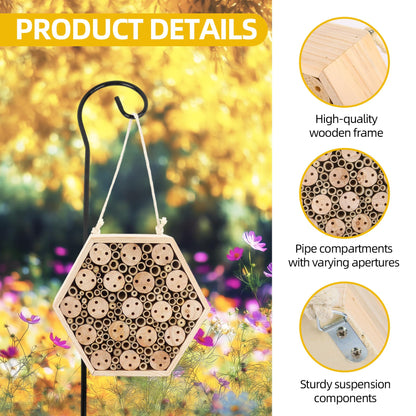 Dmnnlp Mason Bee House, Natural Wooden Hexagon Bee House with Metal Stake & Cleaning Brush, Hanging Bees Box Habitat to Attract Pollinators, Garden Decoration, Gift for Bee Lovers