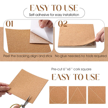 Chunful 60 Pcs Self Adhesive Cork Squares 6" x 6" Cork Backing Sheets for Coasters DIY Ceramic Tiles, Mat, Mini Wall Board, 2 mm Thick
