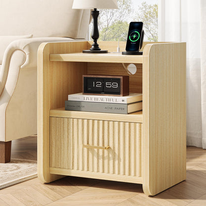 Curlaky Night Stand with Charger Station - Modern Wood Nightstand with Drawer Storage, Fluted Wide Nightstands Bedside Table, Mid Century Night Stands for Bedroom Home Office Sofa, Natural