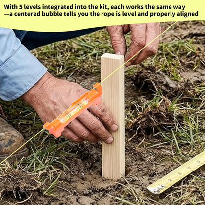 Fluorescent Green Construction String Line Kit: 24 Pcs 12" Wooden Garden Stakes, #18 560ft Mason Line with Handle, 5 String Levels, 2 Pairs Work Gloves | for Outdoor DIY, Landscaping, Yard & Fence